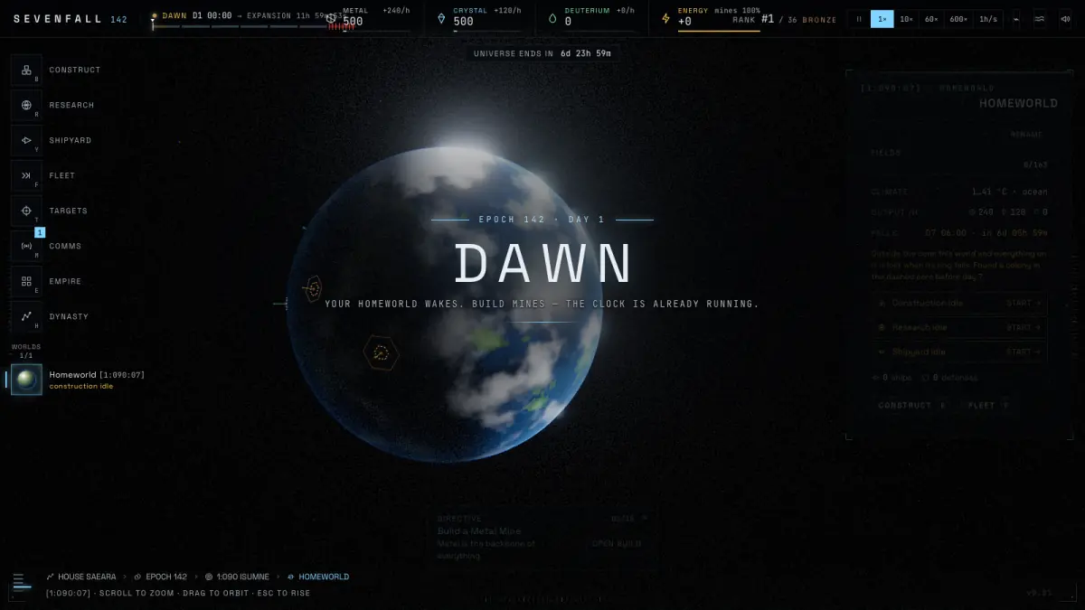 En el juego: un mundo natal al amanecer bajo el título EPOCH 142, DAY 1, DAWN. La barra superior muestra 500 de metal y 500 de cristal.